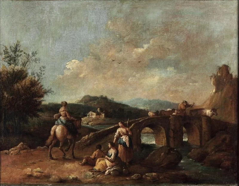 Paesaggio con ponte e pastori